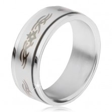 Ocelový prsten, matná točící se obruč s ornamentem
