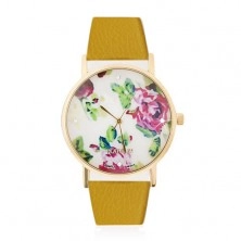 Analogové hodinky - ciferník s květy růží a zirkony, žlutý náramek