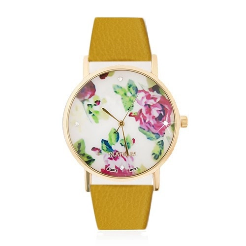 Levně Analogové hodinky - ciferník s květy růží a zirkony, žlutý náramek