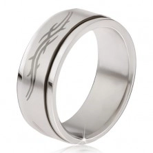 Prsten z oceli - matná točící se obruč, šedý potisk tribal motivu 