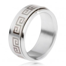 Ocelový prsten, točící se matná obruč, řecký klíč šedé barvy