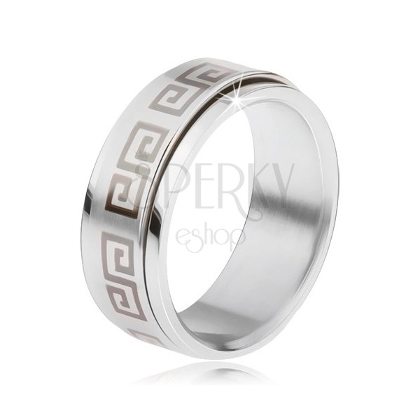 Ocelový prsten, točící se matná obruč, řecký klíč šedé barvy