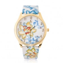 Náramkové hodinky zlaté barvy, modro-žlutý motiv květů
