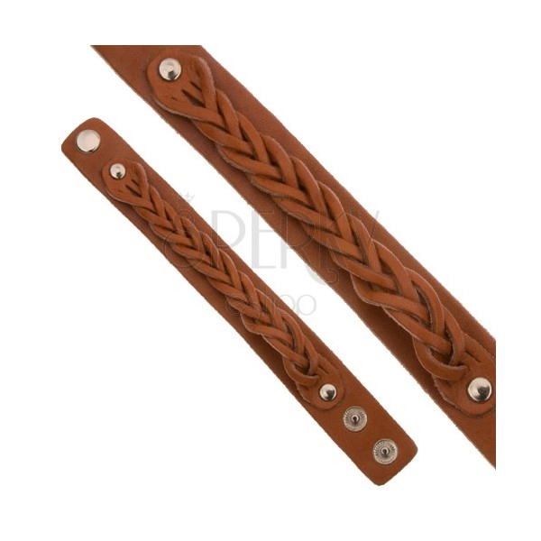 Karamelově hnědý kožený náramek, pletený copánkový pásek