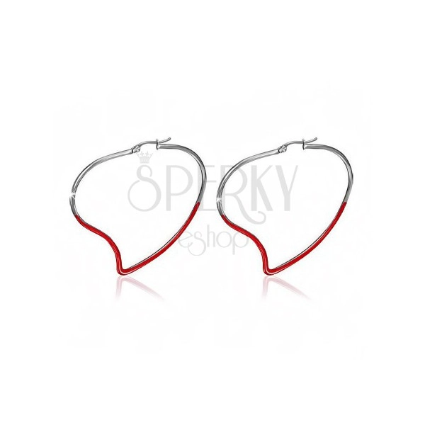 Ocelové náušnice, červené asymetrické glazované obrysy srdcí