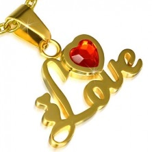 Ocelový přívěsek zlaté barvy, nápis Love, srdce, červený kamínek