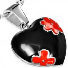 Glazovaný přívěsek z oceli - černé srdce s červenými květy