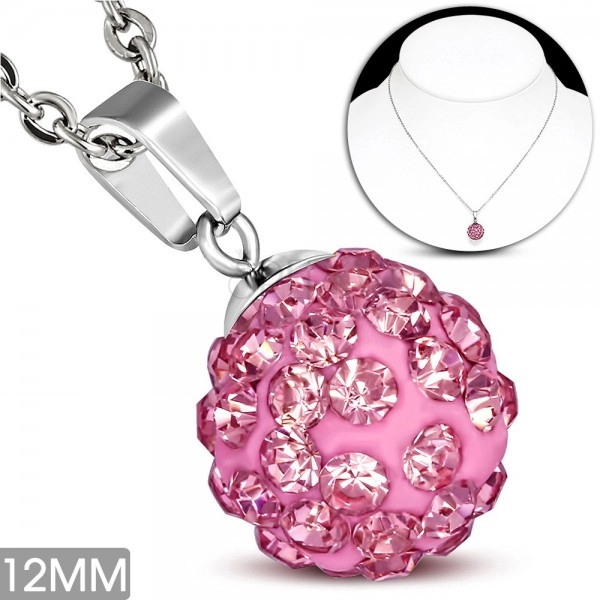 Ocelový náhrdelník - růžová Shamballa kulička s růžovými zirkony