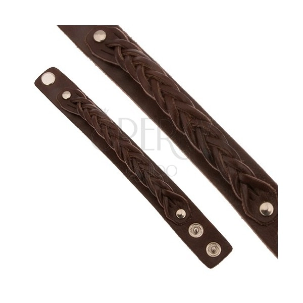 Čokoládově hnědý kožený náramek, copánkově zaplétaný pás
