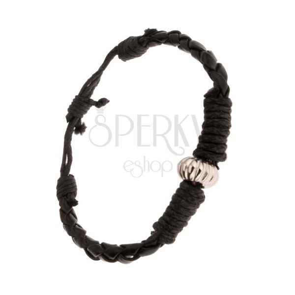 Černý pletený náramek ovinutý šňůrkou, ozdobný korálek