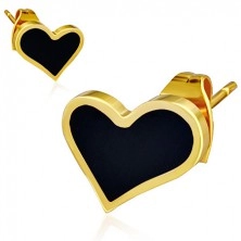 Puzetové náušnice z oceli - lesklé asymetrické černé srdce, zlatý okraj