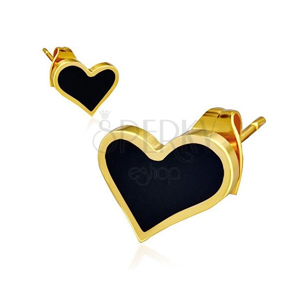 Puzetové náušnice z oceli - lesklé asymetrické černé srdce, zlatý okraj