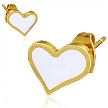 Zlaté náušnice z oceli - bílé asymetrické srdce