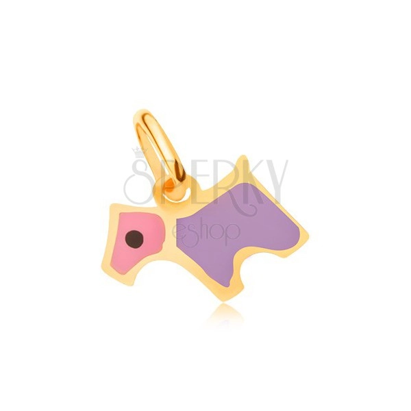 Zlatý přívěsek 375 - blyštivý plochý růžovo-fialový glazovaný psík