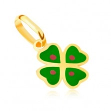 Zlatý přívěsek 375 - zelený glazovaný čtyřlístek s růžovými tečkami