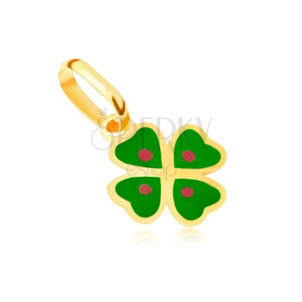 Zlatý přívěsek 375 - zelený glazovaný čtyřlístek s růžovými tečkami
