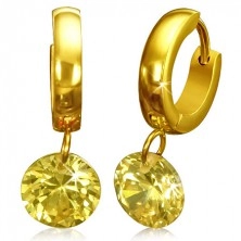 Kruhové náušnice zlaté barvy, žlutý broušený kamínek