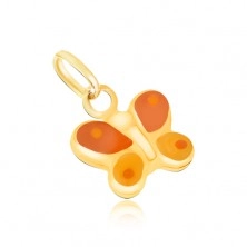 Zlatý přívěsek 375 - trojrozměrný oranžovo-žlutý motýlek, lesklá glazura