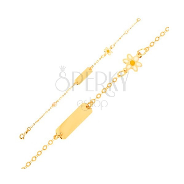 Zlatý náramek 375 - řetízek, podlouhlá destička, kopretina, žlutý korálek