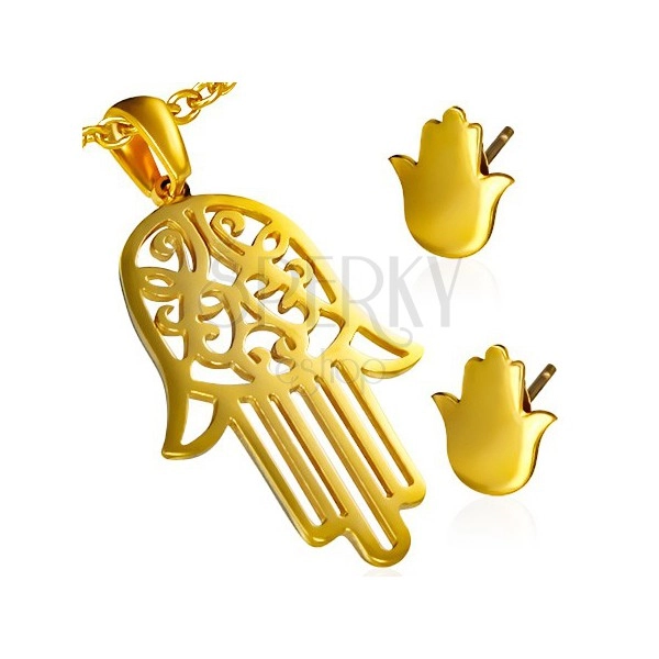 Zlatá sada z oceli - přívěsek a náušnice, filigránská ruka Fatimy