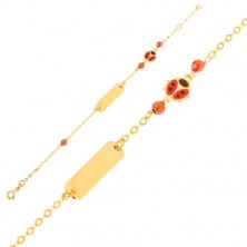 Zlatý náramek - řetízek, destička, červenočerná beruška, hnědé korálky