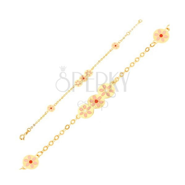 Náramek ze žlutého 9K zlata - podlouhlá známka, růžové glazované květy