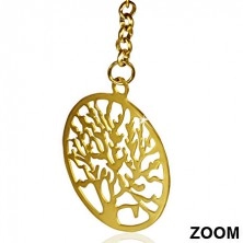 Ocelové náušnice zlaté barvy, vyřezávaný kruh se stromem, řetízek