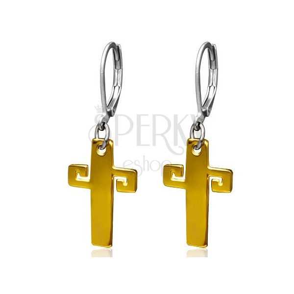 Ocelové náušnice zlaté barvy, kříž s řeckým klíčem