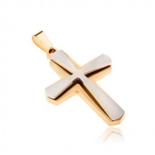 Přívěsek z chirurgické oceli, zlatý a menší stříbrný kříž