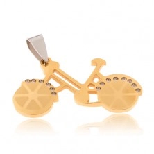 Přívěsek z chirurgické oceli - bicykl zlaté barvy, čiré zirkony