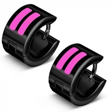 Černé kruhové náušnice z oceli, neonově růžové glazované pásy