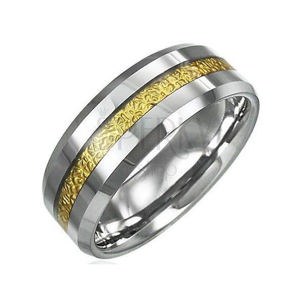 Wolframový prsten se vzorovaným pruhem zlaté barvy, 8 mm