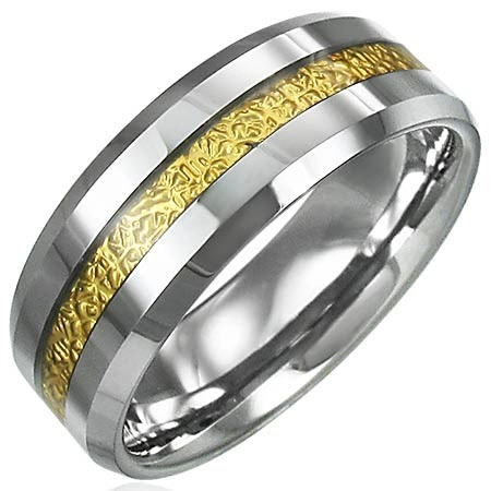 Wolframový prsten se vzorovaným pruhem zlaté barvy, 8 mm - Velikost: 54