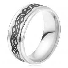 Ocelový prsten - lesklá stříbrná obroučka, zvlněná linie, srdce