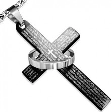 Ocelový přívěsek, černý kříž s modlitbou, stříbrný kruh