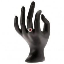 Prsten ze stříbra 925, okrouhlý červený kamínek, čirý zirkonový kruh