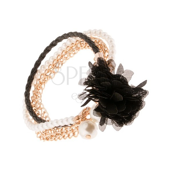 Multináramek - černý pletenec, řetízky zlaté barvy, korálky, černá květina