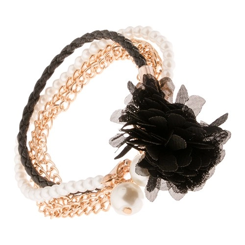 Levně Multináramek - černý pletenec, řetízky zlaté barvy, korálky, černá květina