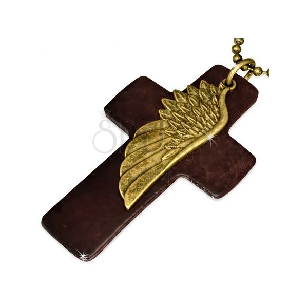 Náhrdelník - hnědý kožený kříž, křídlo, armádní řetízek