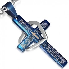 Ocelový přívěsek - modrý kříž s modlitbou, stříbrný obrys srdce