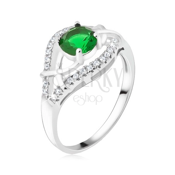 Stříbrný prsten 925 - zelený okrouhlý kamínek, zirkonová ramena