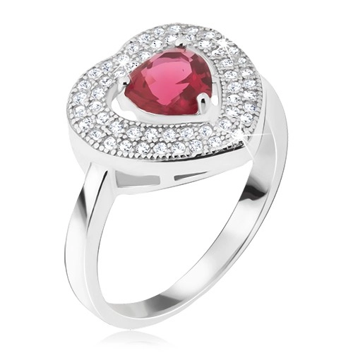 Prsten ze stříbra 925 - červený srdíčkový kamínek, zirkonová kontura - Velikost: 52
