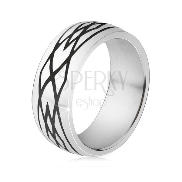Ocelový prsten, černé zářezy, vzor z elips a kosočtverců