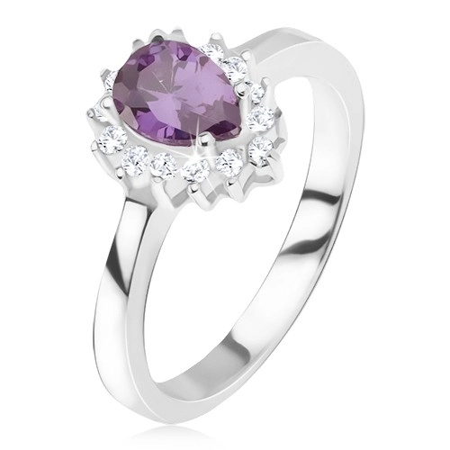 Stříbrný prsten 925 - fialový slzičkovitý kamínek, zirkonová obruba - Velikost: 50