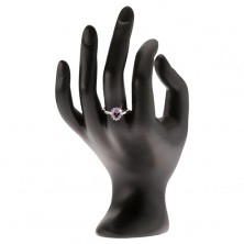 Stříbrný prsten 925 - fialový slzičkovitý kamínek, zirkonová obruba