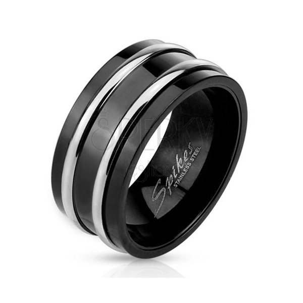 Ocelový prsten černé barvy - dvě tenké lesklé obruče stříbrné barvy