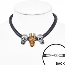 Černý koženkový náhrdelník, dvě lebky, zlatý čínský drak