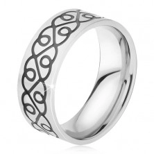 Prsten z chirurgické oceli - lesklá obroučka, černý ornament ze srdcí