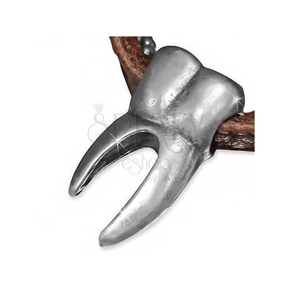 Kožený náhrdelník - hnědý pruh, armádní řetízek, třenový zub