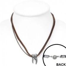 Kožený náhrdelník - hnědý pruh, armádní řetízek, třenový zub